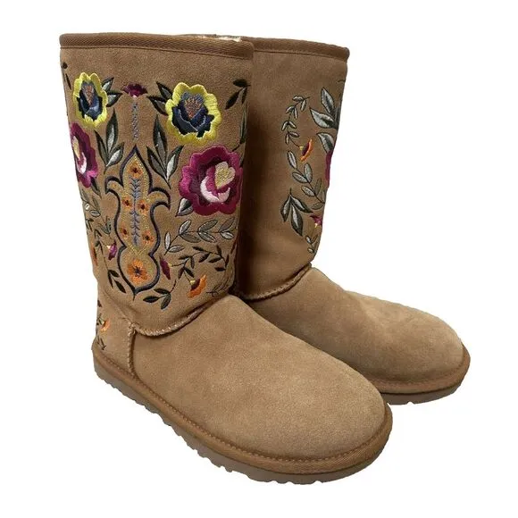 UGG Size 6 Juliet Chestnut‎ Tan Suede Floral Embroidered Shearling Boots RARE