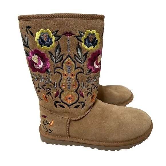 UGG Size 6 Juliet Chestnut‎ Tan Suede Floral Embroidered Shearling Boots RARE