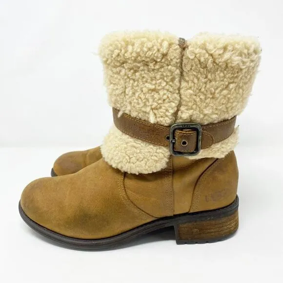Ugg Tan Suede Blayre II Moto Boots Side Zip Women's US Size 7 EUC Shearling Cuff