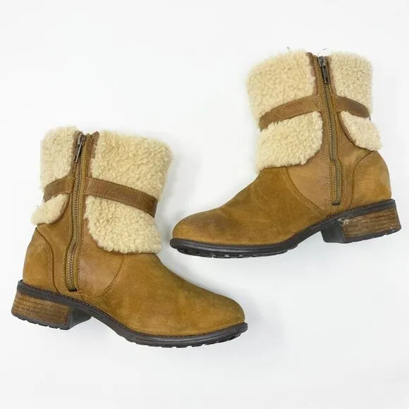 Ugg Tan Suede Blayre II Moto Boots Side Zip Women's US Size 7 EUC Shearling Cuff