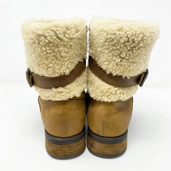 Ugg Tan Suede Blayre II Moto Boots Side Zip Women's US Size 7 EUC Shearling Cuff