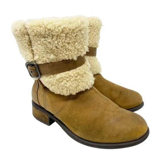 Ugg Tan Suede Blayre II Moto Boots Side Zip Women's US Size 7 EUC Shearling Cuff