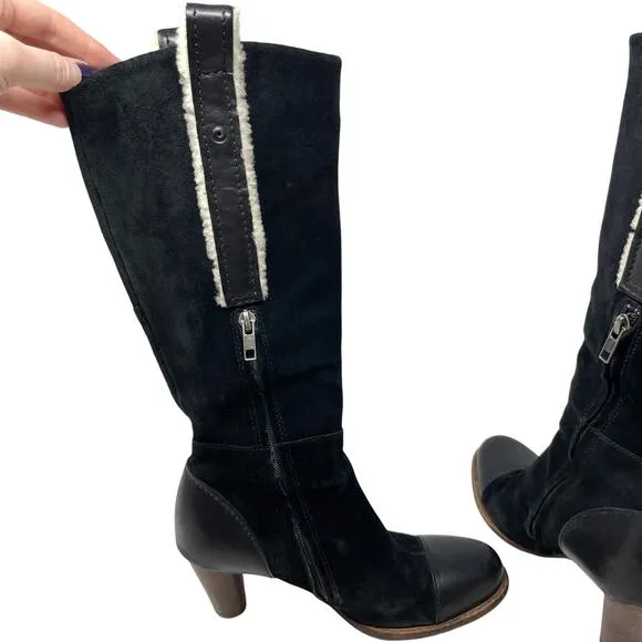UGG Tess Suede Shearling Heeled Knee High Boots In Black Size 7.5