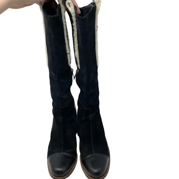 UGG Tess Suede Shearling Heeled Knee High Boots In Black Size 7.5