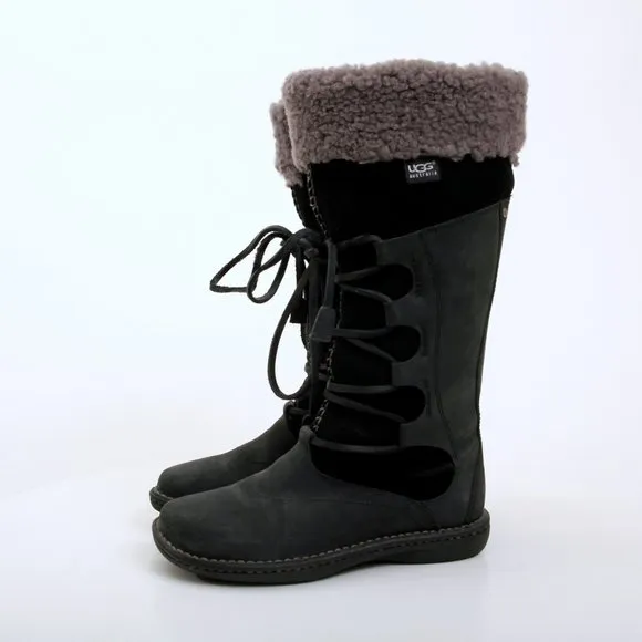 UGG Torrey Shearling Leather Suede Lace Up Boots Black Women 6