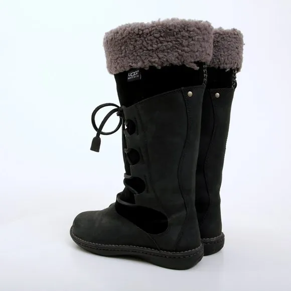 UGG Torrey Shearling Leather Suede Lace Up Boots Black Women 6