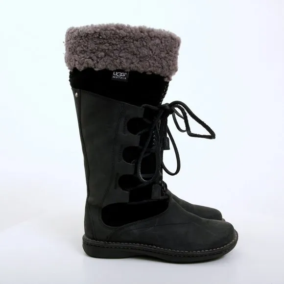 UGG Torrey Shearling Leather Suede Lace Up Boots Black Women 6