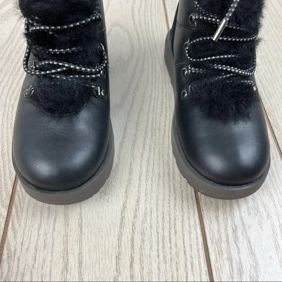 UGG Viki Waterproof Lace Up Boots US6 Black Leather &amp; Shearling $220