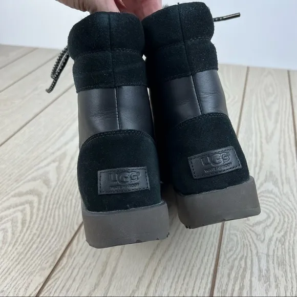UGG Viki Waterproof Lace Up Boots US6 Black Leather &amp; Shearling $220