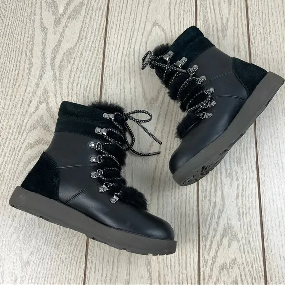 UGG Viki Waterproof Lace Up Boots US6 Black Leather &amp; Shearling $220