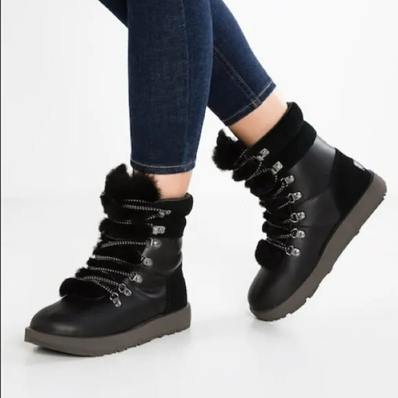 UGG Viki Waterproof Lace Up Boots US6 Black Leather &amp; Shearling $220