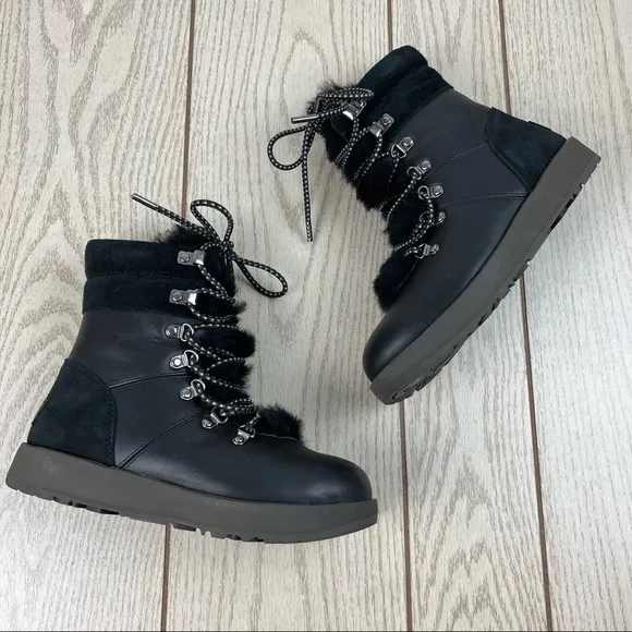 UGG Viki Waterproof Lace Up Boots US6 Black Leather &amp; Shearling $220