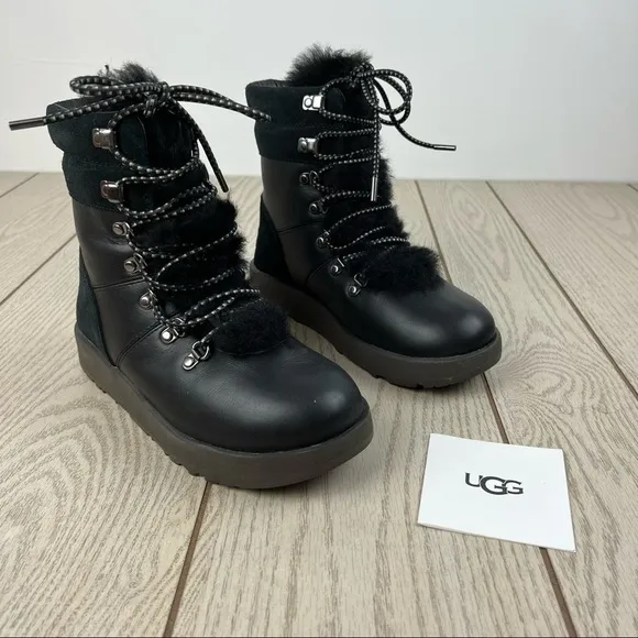 UGG Viki Waterproof Lace Up Boots US6 Black Leather &amp; Shearling $220