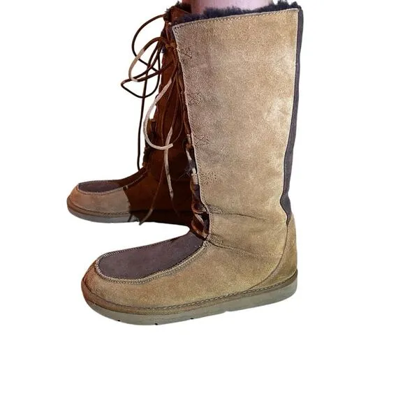 UGG Whitley Brown Suede Shearling Lace Up Boots, Size 9