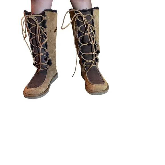 UGG Whitley Brown Suede Shearling Lace Up Boots, Size 9