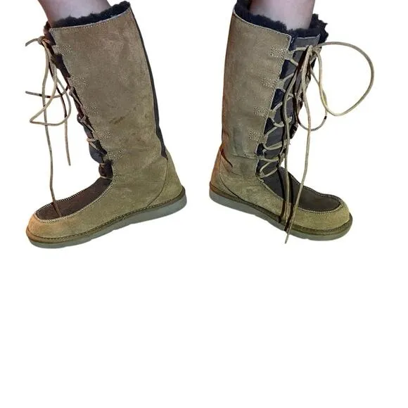 UGG Whitley Brown Suede Shearling Lace Up Boots, Size 9