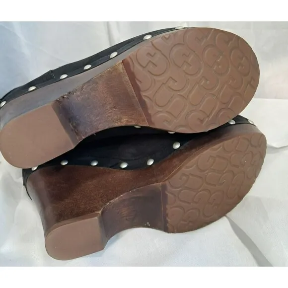 UGG Womans 7 Carnegie Leather Shearling Fur Lined Clog Boots Wood Heel Platform