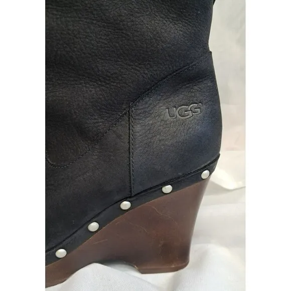 UGG Womans 7 Carnegie Leather Shearling Fur Lined Clog Boots Wood Heel Platform