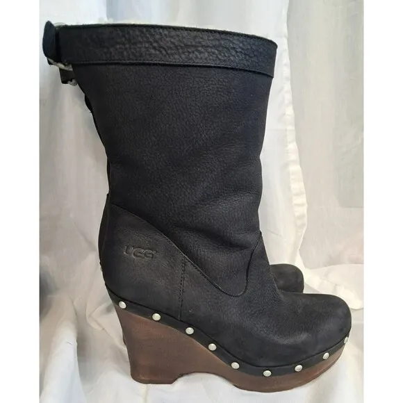 UGG Womans 7 Carnegie Leather Shearling Fur Lined Clog Boots Wood Heel Platform