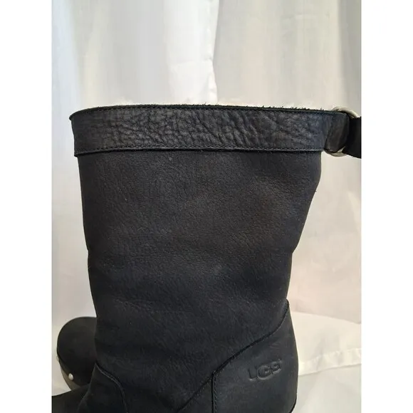 UGG Womans 7 Carnegie Leather Shearling Fur Lined Clog Boots Wood Heel Platform