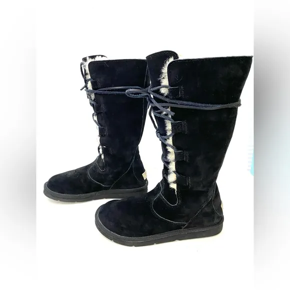 UGG Women’s Black Suede Leather Whitley Lace-Up Boots