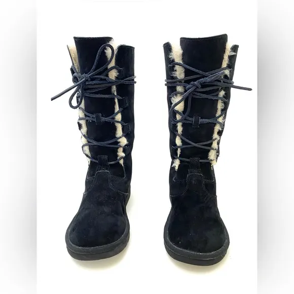 UGG Women’s Black Suede Leather Whitley Lace-Up Boots