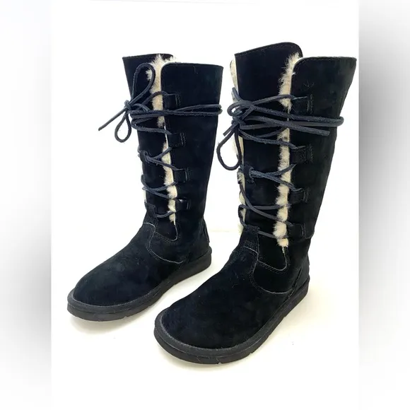 UGG Women’s Black Suede Leather Whitley Lace-Up Boots