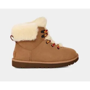 UGG Women's Classic Mini Alpine Shearling Lined Boots Chestnut Suede Size 5 NIB