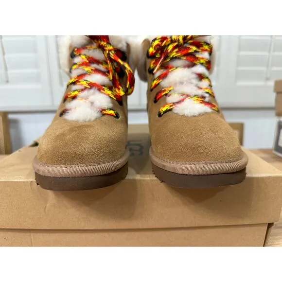UGG Women's Classic Mini Alpine Shearling Lined Boots Chestnut Suede Size 5 NIB