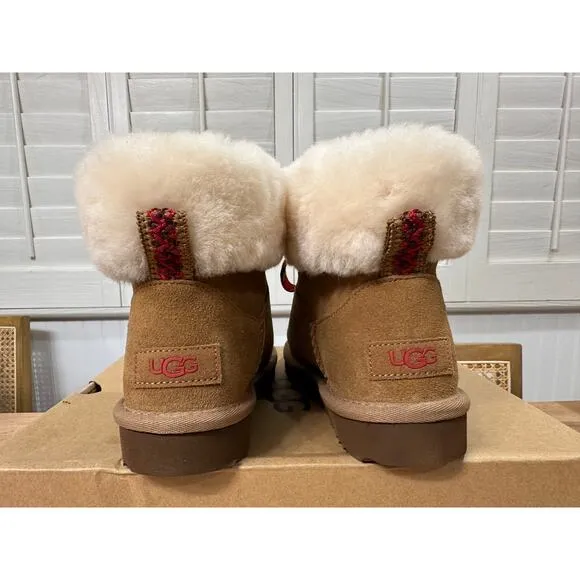 UGG Women's Classic Mini Alpine Shearling Lined Boots Chestnut Suede Size 5 NIB