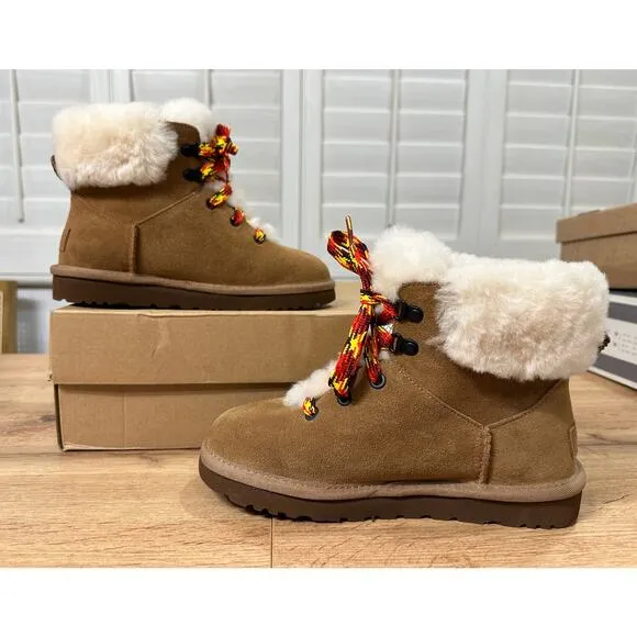 UGG Women's Classic Mini Alpine Shearling Lined Boots Chestnut Suede Size 5 NIB