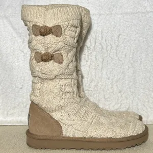 UGG Womens Cream Cardi Cable Knitted Sweater w/Shearling Pull On Boots SZ US 8