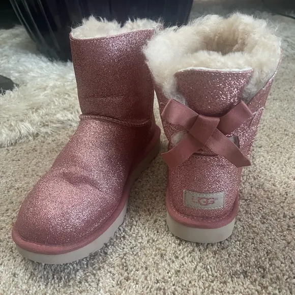 UGG Women's Mini Bailey Bow Pink Sparkle Boots - Size 8
