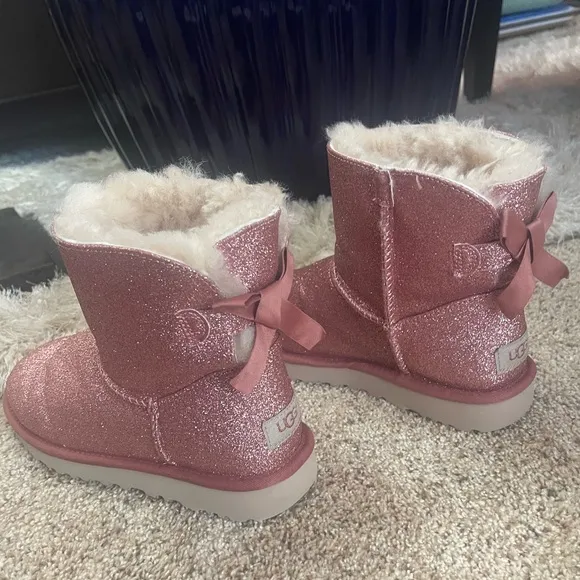 UGG Women's Mini Bailey Bow Pink Sparkle Boots - Size 8