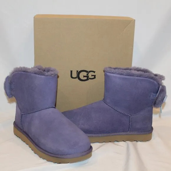 UGG WOMEN'S MINI BAILEY BOW SUEDE‎ SHEARLING LINED ANKLE BOOTS PURPLE