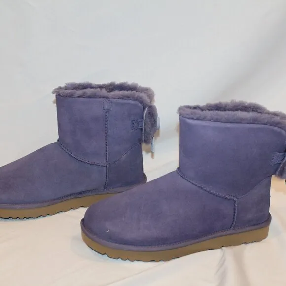UGG WOMEN'S MINI BAILEY BOW SUEDE‎ SHEARLING LINED ANKLE BOOTS PURPLE