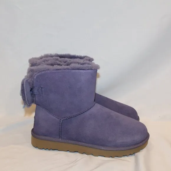 UGG WOMEN'S MINI BAILEY BOW SUEDE‎ SHEARLING LINED ANKLE BOOTS PURPLE