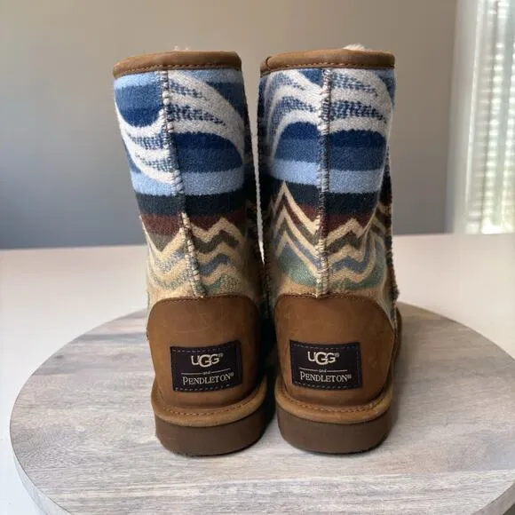 UGG Women's Pendleton Southwest Aztec Shearling Brown Leather Boots US Size 8