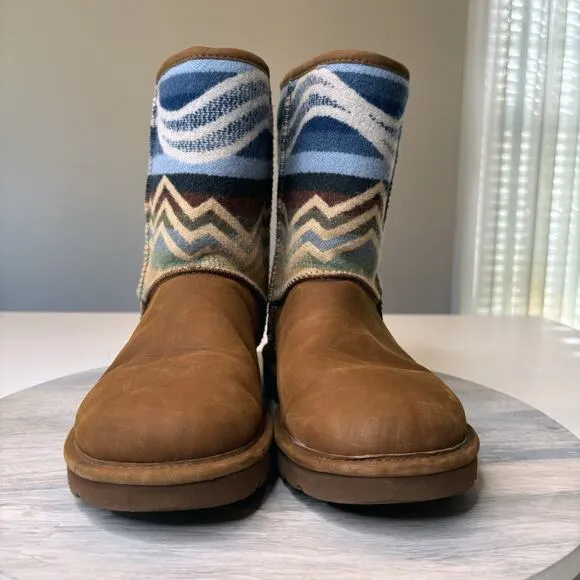 UGG Women's Pendleton Southwest Aztec Shearling Brown Leather Boots US Size 8