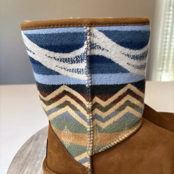 UGG Women's Pendleton Southwest Aztec Shearling Brown Leather Boots US Size 8