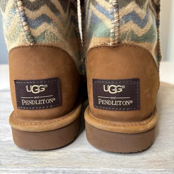 UGG Women's Pendleton Southwest Aztec Shearling Brown Leather Boots US Size 8