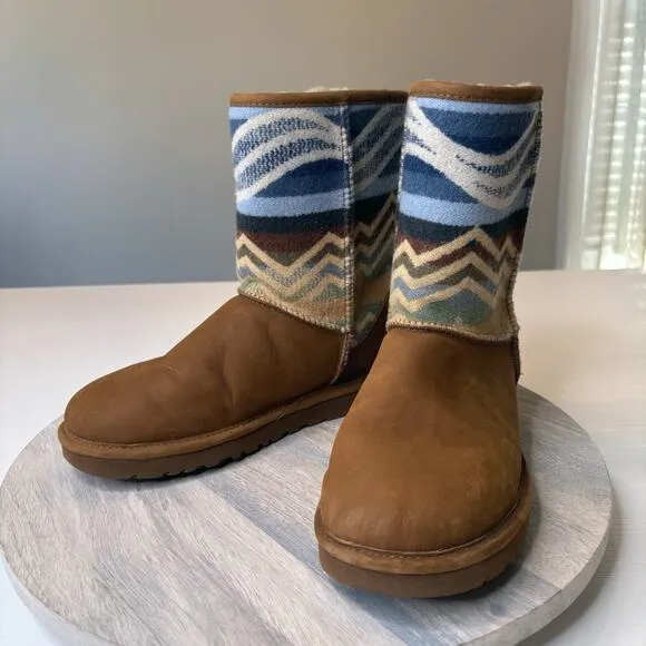 UGG Women's Pendleton Southwest Aztec Shearling Brown Leather Boots US Size 8