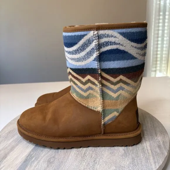 UGG Women's Pendleton Southwest Aztec Shearling Brown Leather Boots US Size 8