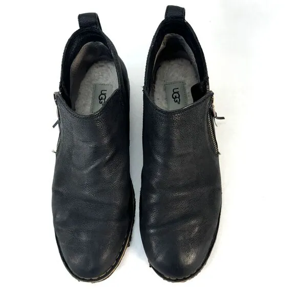 UGG Womens Size 10 Clementine Ankle Boots 1008703 Black Leather Shearling Lined