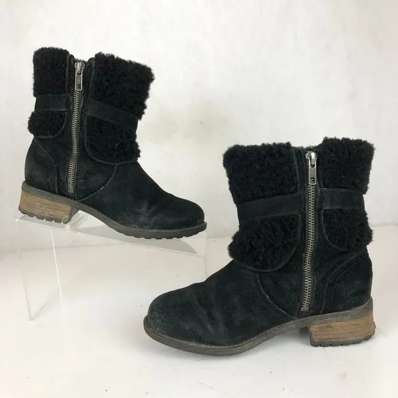 UGG Women's Size 5 Blayre Black Leather Water Resistant Side Zip Short Boots