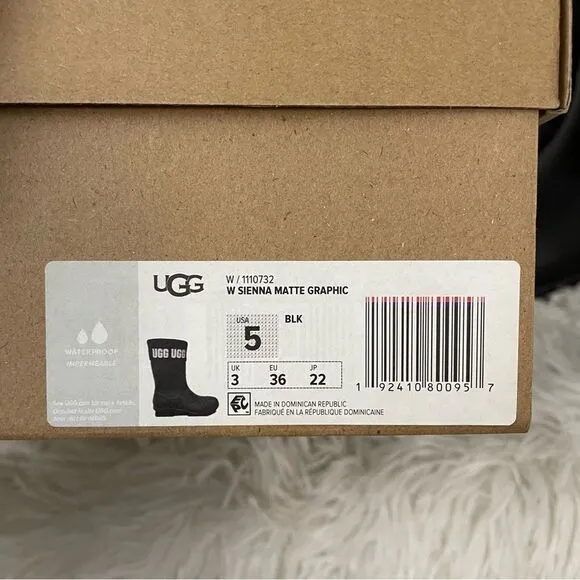 UGG WOMENS SIENNA MATTE GRAPHIC TALL RUBBER BOOTS WATERPROOF BLACK SZ 5 NEW