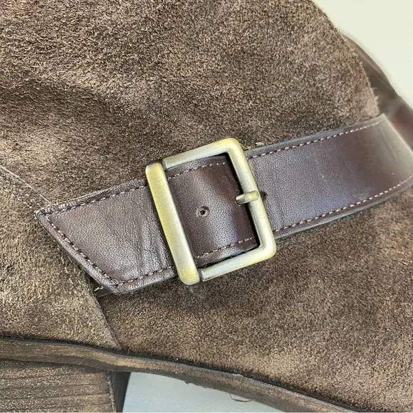 UGG Wright Belted Shearling Dark Brown Suede Ankle Boots Sz 11 Sheepskin Lining