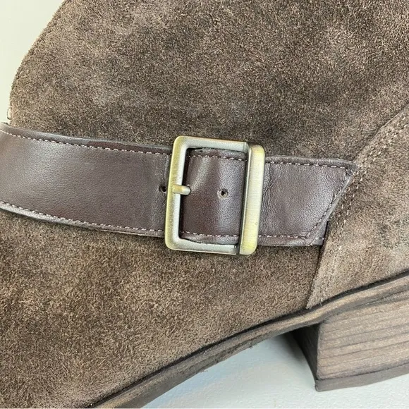 UGG Wright Belted Shearling Dark Brown Suede Ankle Boots Sz 11 Sheepskin Lining