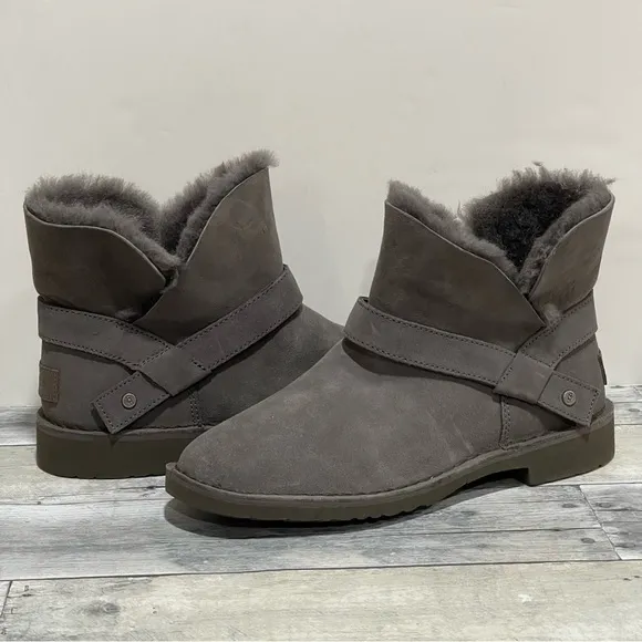 UGG Zariyah Boots Suede Shearling Ankle Booties - Charcoal Gray - Sz - 8.5