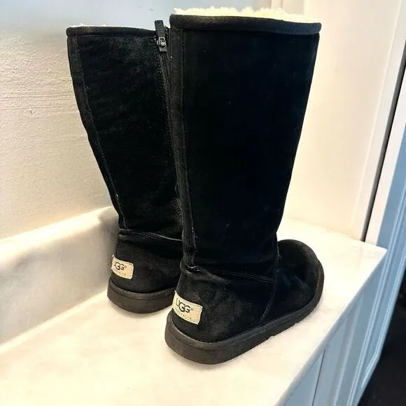UGG Australia Suede Sunset Zipper Classic Tall Shearling Boots Black Size 6